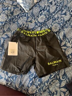 Balmain Black Swim Shorts with Neon Yellow Logo Waistband